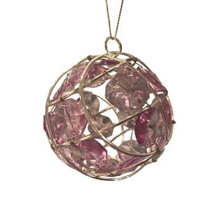 Vintage Gold Wire Bauble Ornament With‎ Light Pink Faux Crystal Beads 3inch